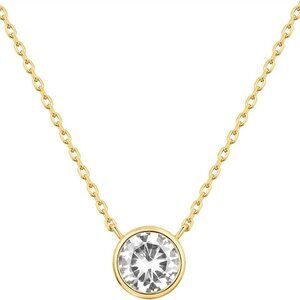 Yellow Gold 14K Plated CZ Solitaire Bezel Pendant Necklace for Women